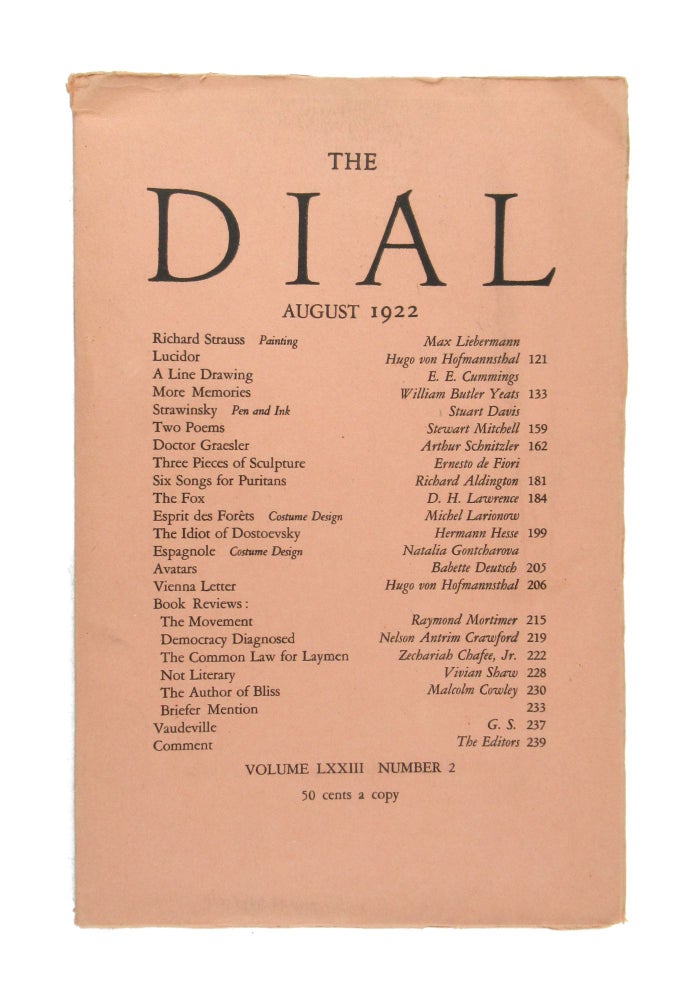 Item #10951 The Dial, August 1922, Volume LXXIII, Number 2 [containing More Memories by Yeats]. William Butler Yeats, Scofield Thayer, Gilbert Seldes, contrib., ed.