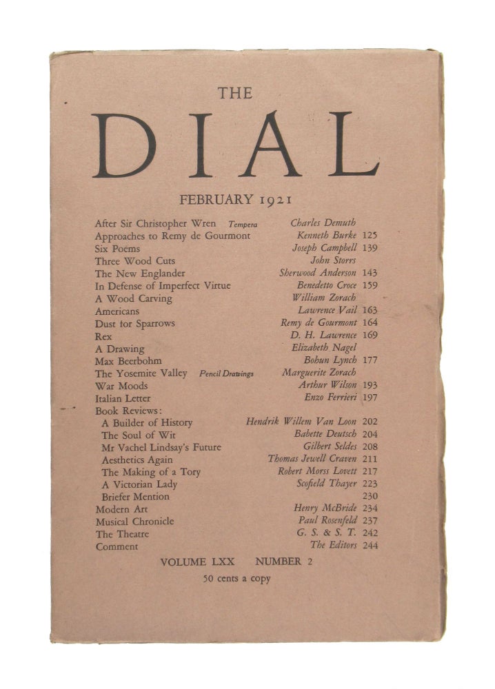 Item #10958 The Dial, February 1921, Volume LXX, Number 2. Sherwood Anderson, Scofield Thayer, Gilbert Seldes, contrib., ed.