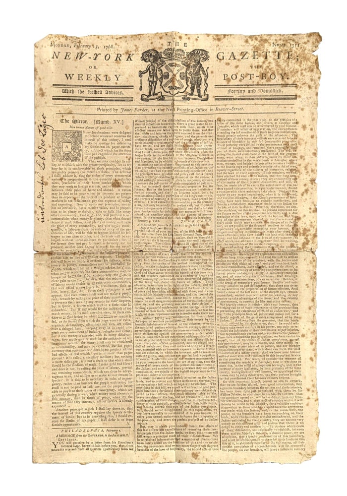 Item #14511 New-York Gazette; Or, The Weekly Post-Boy. Monday, February 15, 1768. Number 1311. James Parker, publisher.