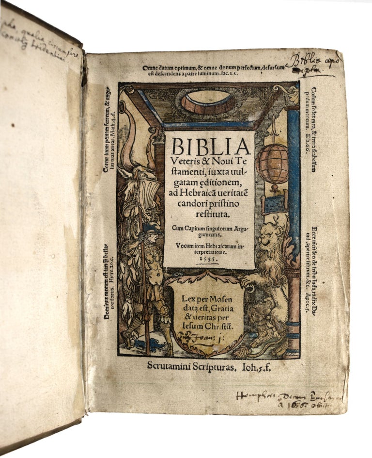 Item #14685 Biblia Veteris & Novi Testamenti, iuxta vulgata editionem, ad Hebraica vertiste candori pristino restituta. Bible in Latin, Johann Schott, printer.