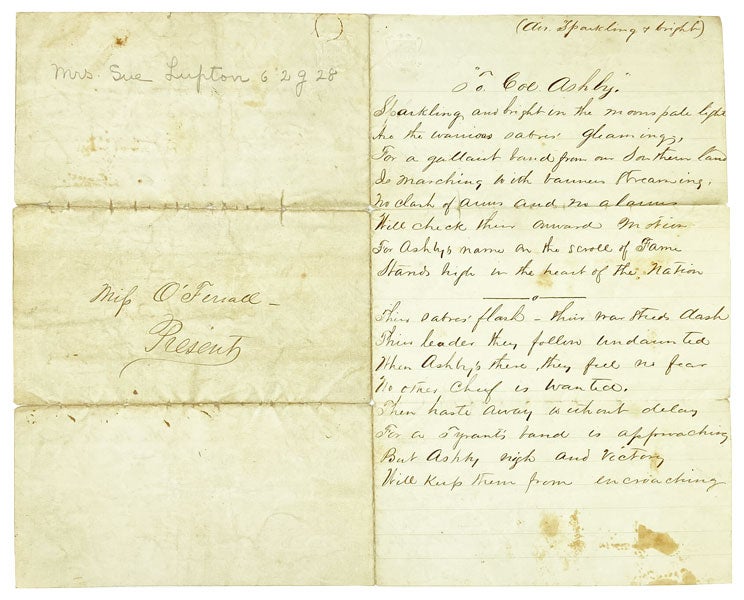 Item #25820 To Col. Ashby [Manuscript title]. Civil War Manuscript Poem, Miss O'Ferrall.