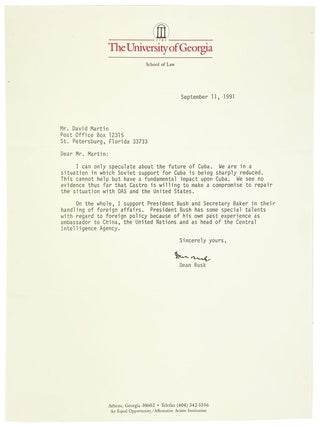 Three Typed Letters Signed from Rusk on Cuba, the Soviet Union, Iraq, and George H.W. Bush
