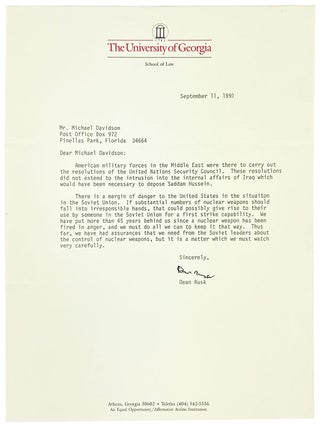 Three Typed Letters Signed from Rusk on Cuba, the Soviet Union, Iraq, and George H.W. Bush