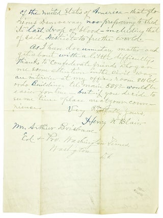Two-page ALS from former Senator Henry W. Blair to Washington Times Editor Arthur Brisbane regarding Suffrage for Washington, DC