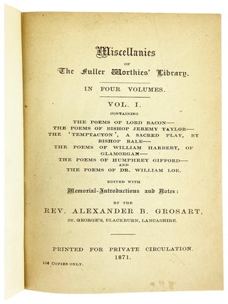 Item #30370 Miscellanies of The Fuller Worthies' Library in Four Volumes. Vol. I. Containing The...