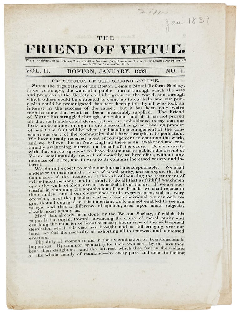 Item #33043 The Friend of Virtue: Vol. II, No. 1, January 1839. New England Female Moral Reform Society.
