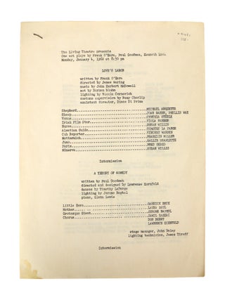 Item #41651 The Living Theatre presents: One act plays by Frank O'Hara, Paul Goodman, and Kenneth...