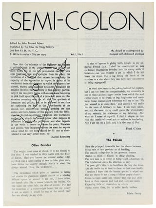 Item #43940 Semi-Colon, Vol. I, no. 1. John Bernard Myers, ed
