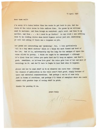 Two-Page Typed Letter Signed from Tom Wolfe regarding a promising young poet with Oppenheimer's One-Page carbon copy response