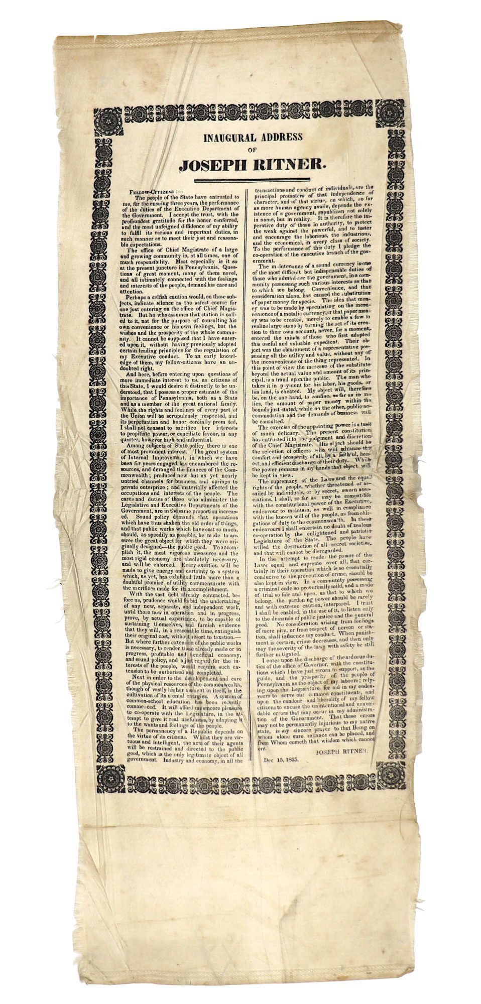 Silk Broadside Inaugural Address of Joseph Ritner | Joseph Ritner