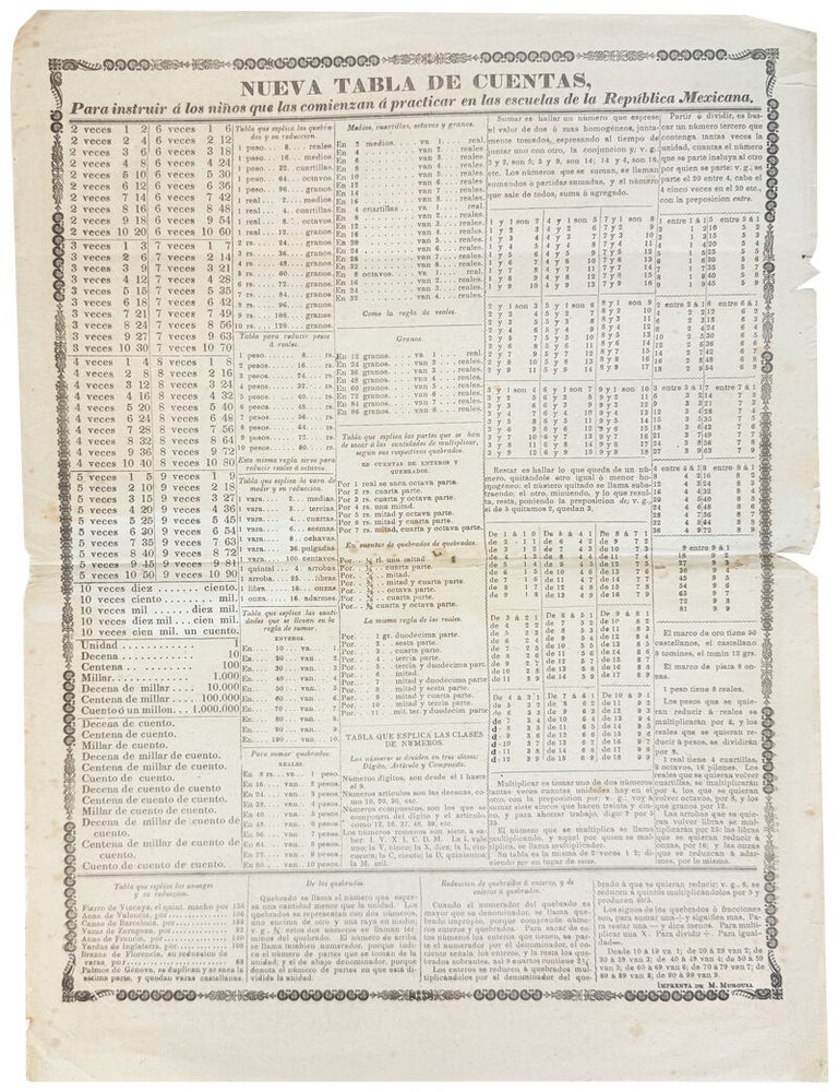 Item #47824 [Broadside] Nueva Tabla de Cuentas, Para instruir a los ninos. Education in Mexico,...
