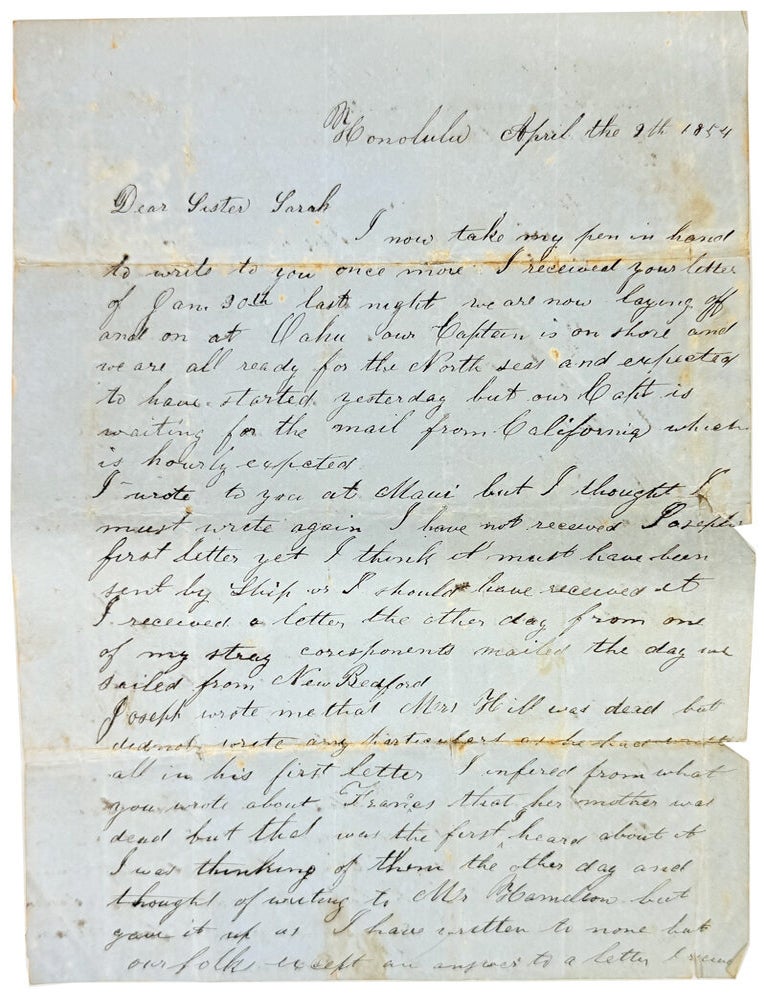 Item #48560 Autograph Letter from a New Bedford Whaleman in Honolulu to His Sister Sarah. Anonymous.