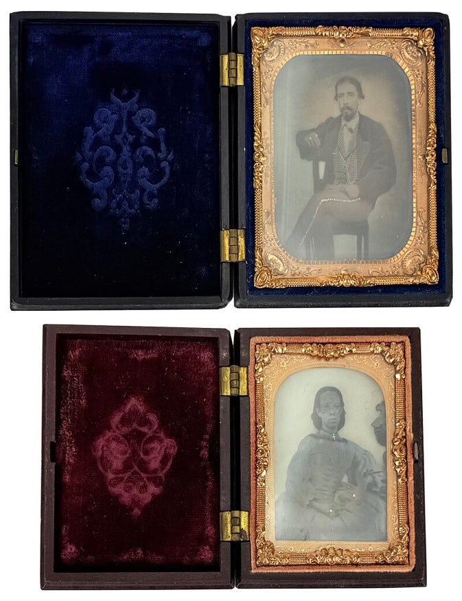 Item #50017 Pair of Ninth and Sixteenth Plate Ambrotypes, possibly of a Married Mexican couple, housed in Union Cases. Ambrotypes, Parsons Littlefield, Company Union Cases.
