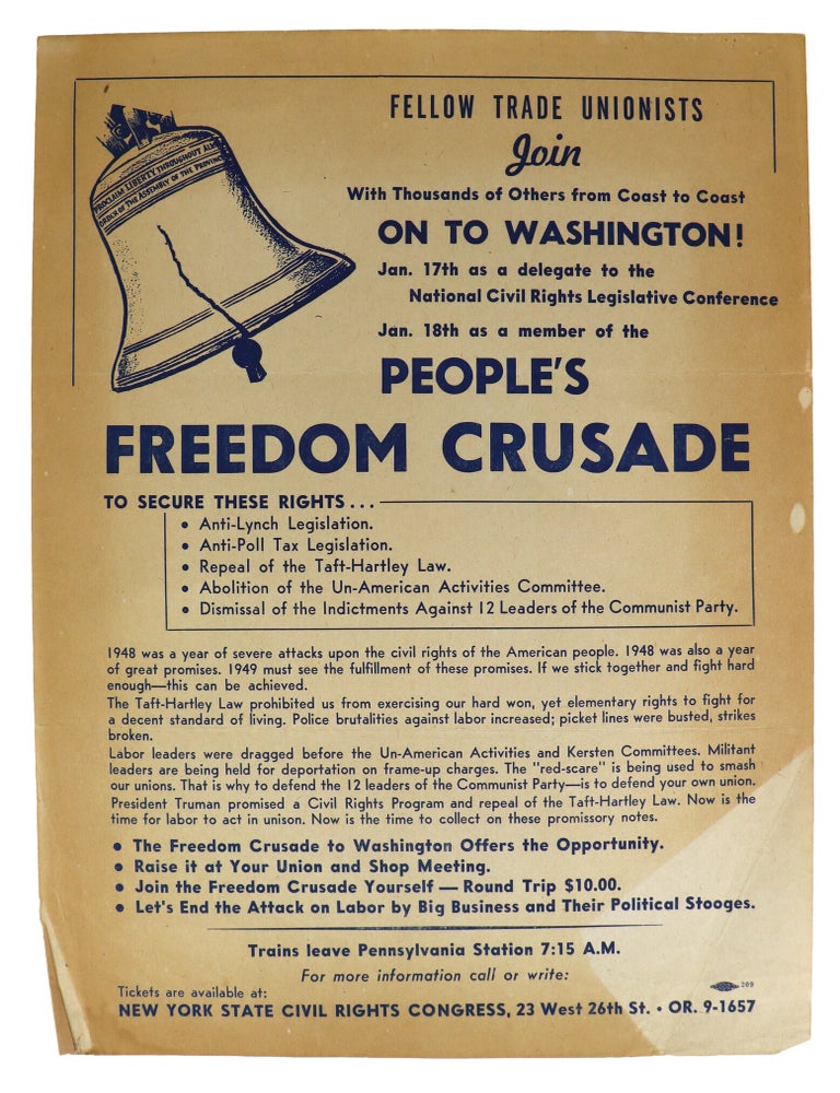 Item #50055 Fellow Trade Unionists Join With Thousands of Others from Coast to Coast [Flyer]. New York State Civil Rights Congress, People's Freedom Crusade, Communist Party.