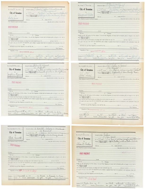 Item #50254 Collection of 48 Police Magistrate Court Forms of Madams, Sex Workers, and their Johns. Sex Workers - Pennsylvania, City of Scranton.