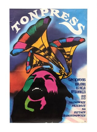Item #6173 Publicity for Tonpress Recordings - Three gramophone horns atop a vocalist’s head....