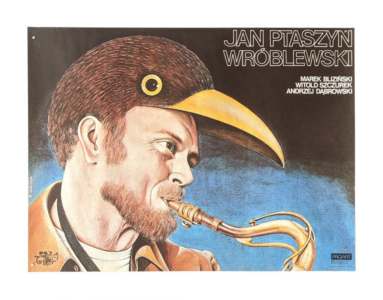 Item #6176 Polish Artistic Agency poster naming three jazz artists - Saxophonist Jan Ptaszyn Wróblewski in surreal raven hat. Rafał Olbiński.