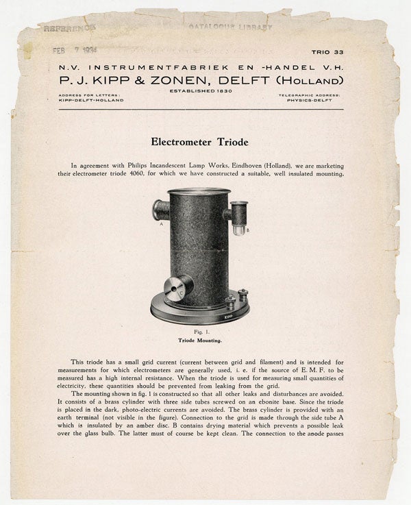 Item #6713 [Pictorial Broadsheet] Electrometer Triode. P J. Kipp, Zonen.