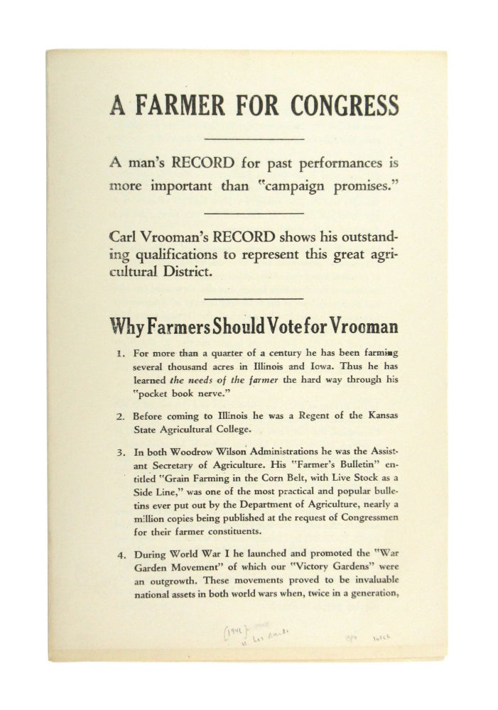 Item #6885 [Drop title] A Farmer for Congress. Carl Vrooman.