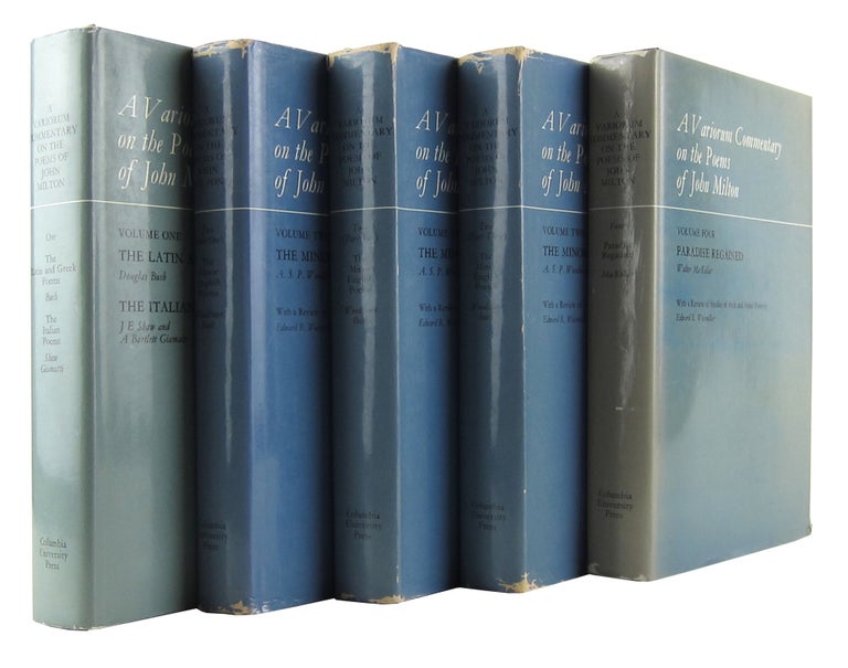 Item #7011 A Variorum Commentary on the Poems of John Milton (Three Parts in Five Volumes). John Milton, A. S. P. Woodhouse Merritt Y. Hughes, A. Bartlett Giamatti, J. E. Shaw, Walter MacKellar, Edward R. Weismiller, Douglas Bush, eds.