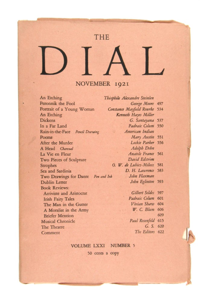 Item #7028 The Dial, November 1921, Volume LXXI Number 5 [containing the drawing "Rain-in-the-Face" by an unidentified Native American]. American Indian, Scofield Thayer, Gilbert Seldes, contrib., ed.