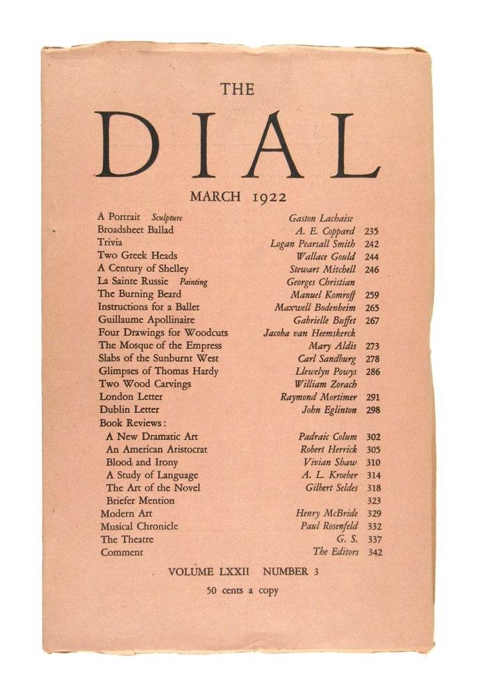 Item #7127 The Dial, March 1922, Volume LXXII, Number 3 [featuring Slabs of the Sunburnt West by Sandburg]. Carl Sandburg Scofield Thayer, Gilbert Seldes, contrib., ed.