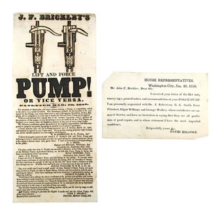 Item #7252 [Broadside] J.F. Brickley's Lift and Force Pump! Or Vice Versa. Patented Mar. 10, 1857...